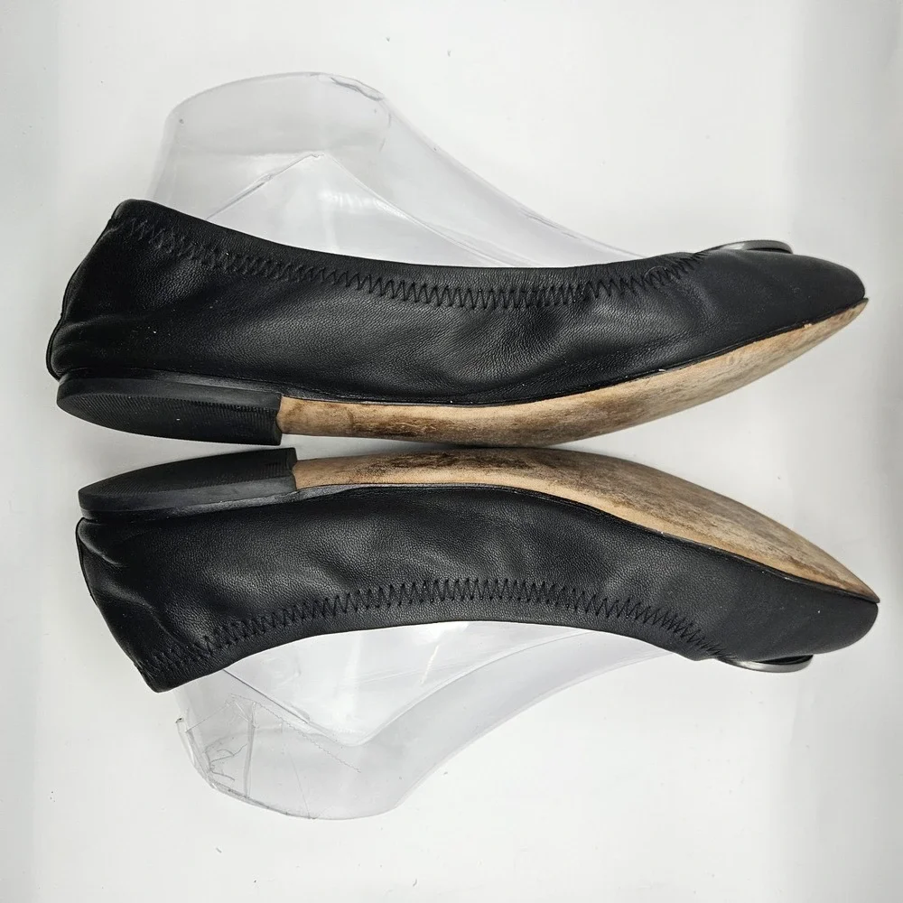 Tory Burch Liana Black Leather Ballet Flats Logo Quiet Luxury Old Money Sz 8.5M